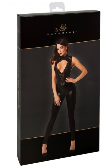 Catsuit sensuel dentelle et wetlook - Noir Handmade