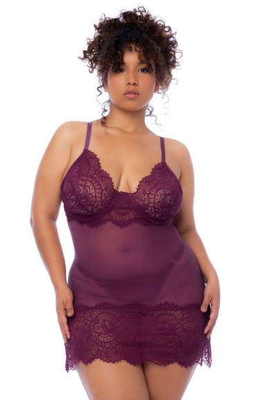 Nuisette en dentelle grande taille bordeaux et string assorti - MAL7554XWINE