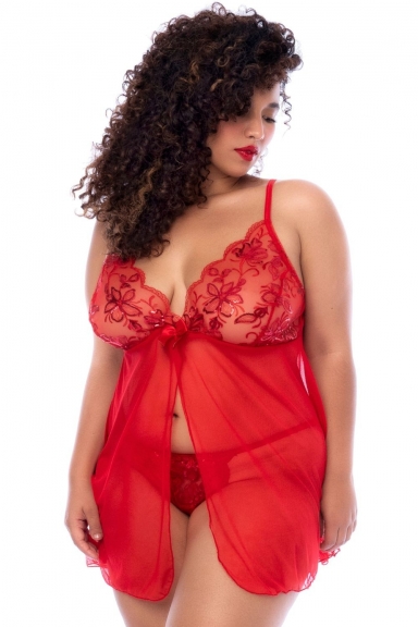 Nuisette ouverte grande taille rouge et string assorti - MAL7559XRD