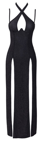 Robe longue fendue Noire Pailletée - Cottelli