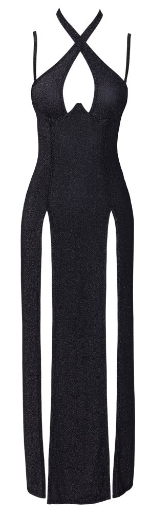 Robe longue fendue Noire Pailletée - Cottelli