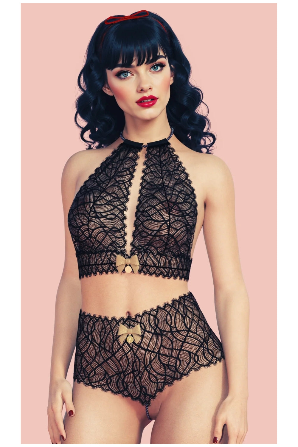 Culotte perle dentelle et nœud doré - Bracli