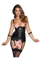 Ensemble mat noir porte-jarretelles avec string et menottes souples - Cottelli Bondage