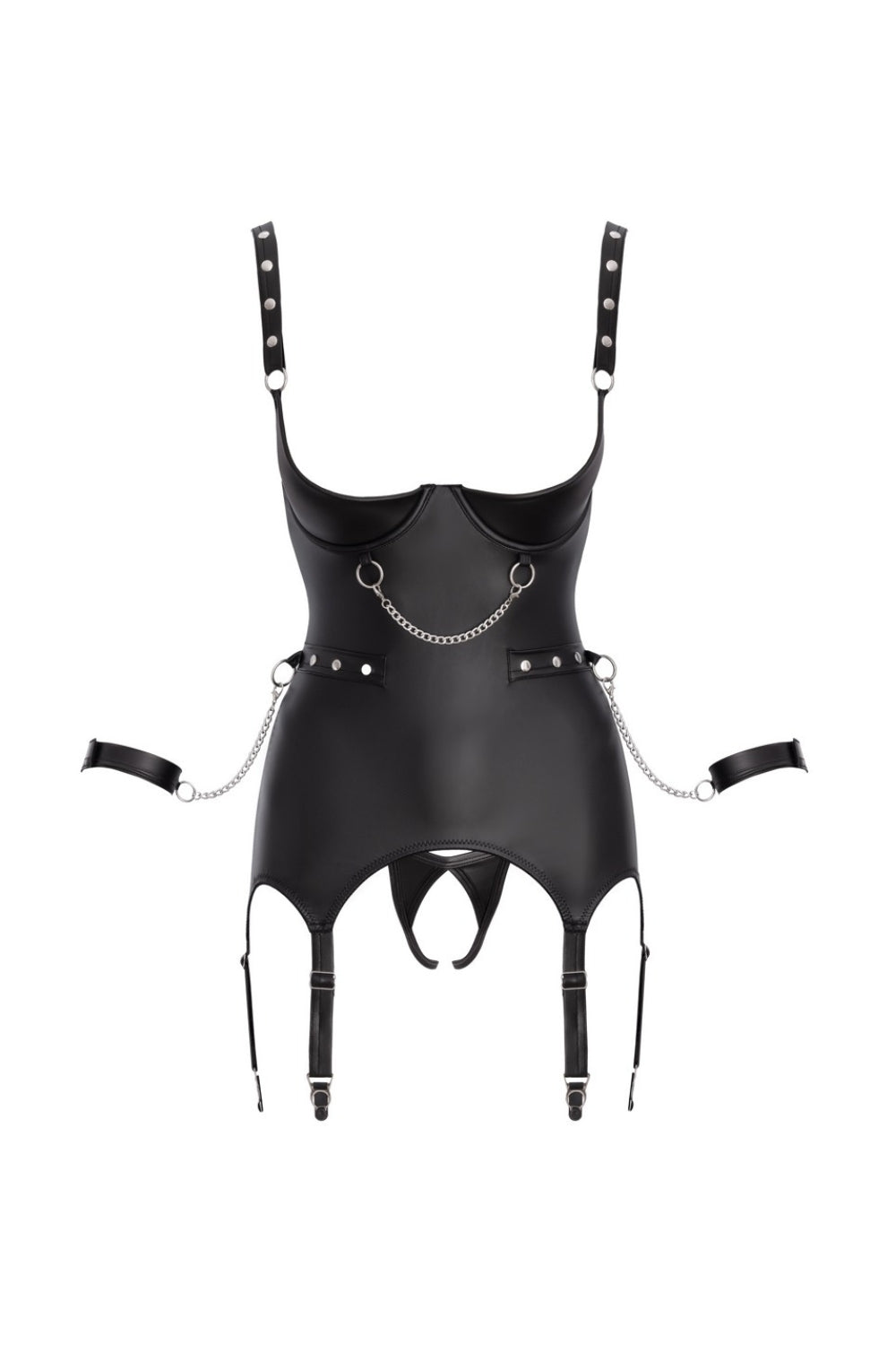 Ensemble mat noir porte-jarretelles avec string et menottes souples - Cottelli Bondage