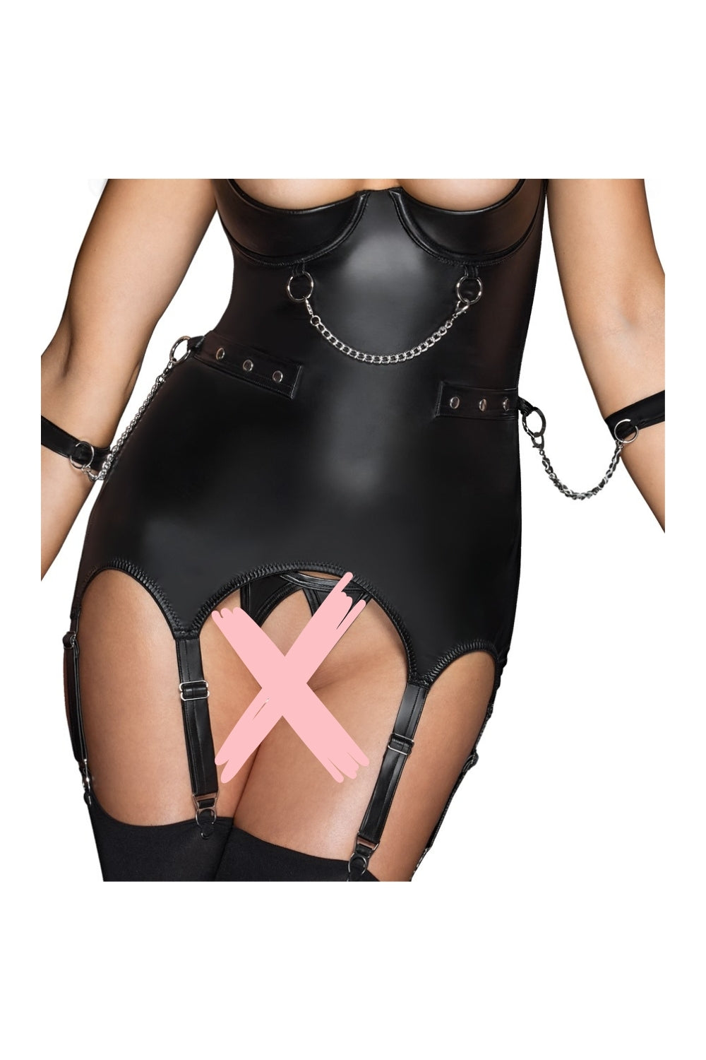 Ensemble mat noir porte-jarretelles avec string et menottes souples - Cottelli Bondage