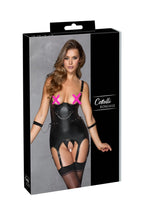 Ensemble mat noir porte-jarretelles avec string et menottes souples - Cottelli Bondage