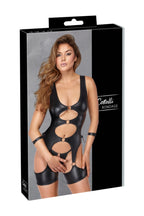 Ensemble porte-jarretelles noir avec string et menottes souples - Cottelli Bondage