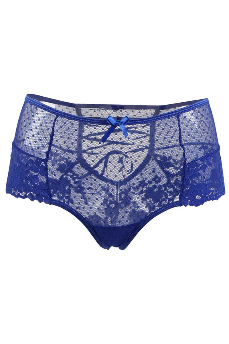 Tanga lacé taille haute en dentelle bleue - Litolu Lingerie