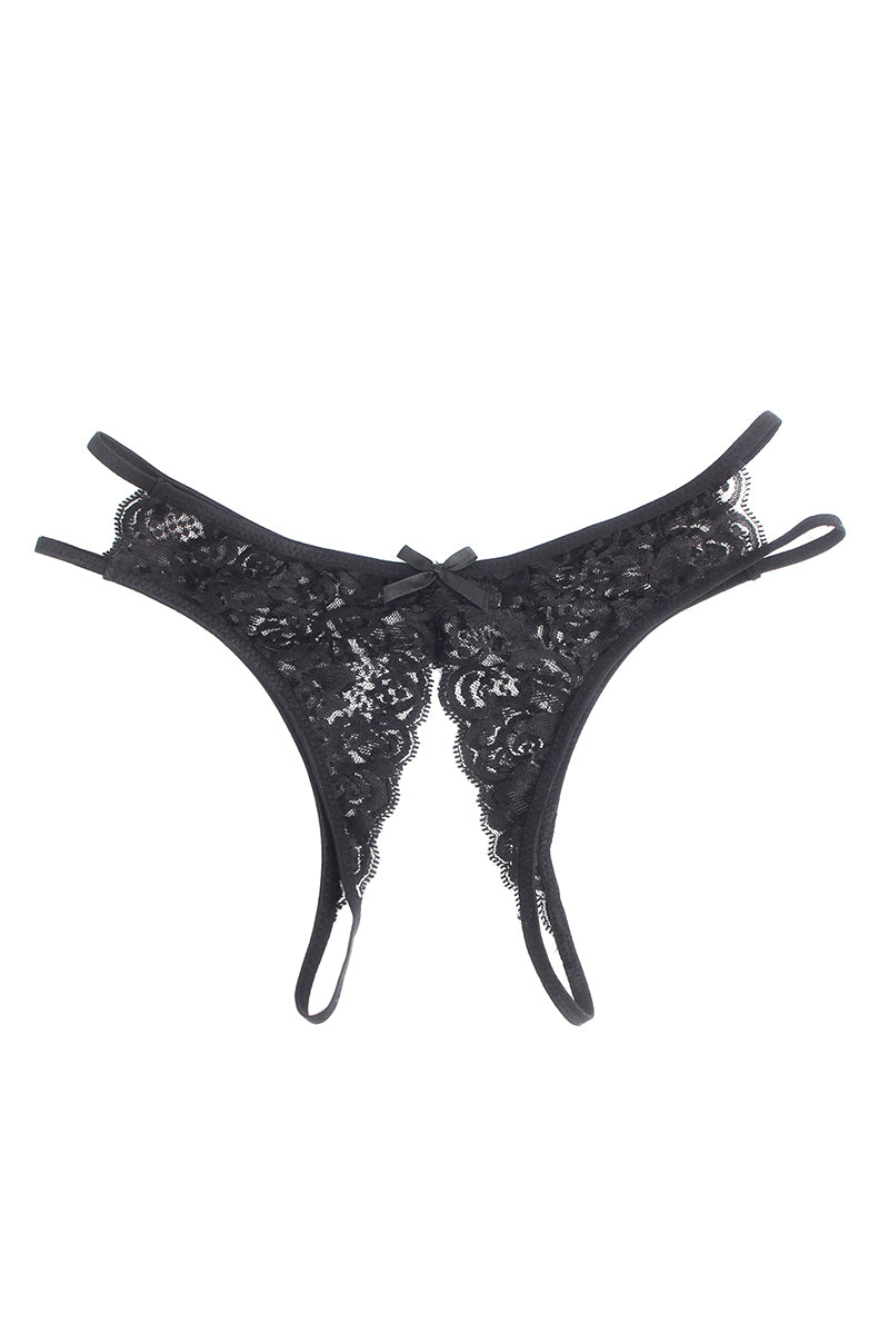 String ouvert noir en dentelle résille - Litolu Lingerie