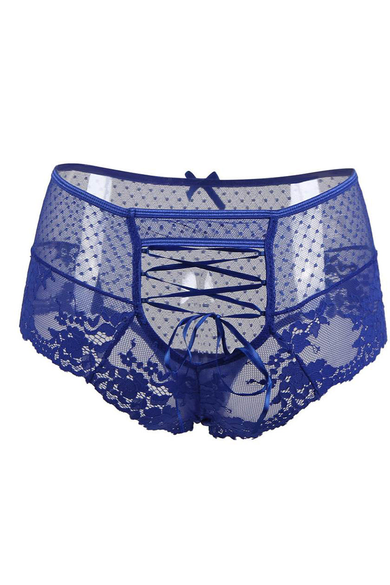 Tanga lacé taille haute en dentelle bleue - Litolu Lingerie